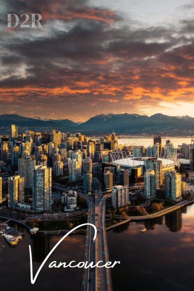 Vue du ciel de la vue de Vancouver au coucher du soleil